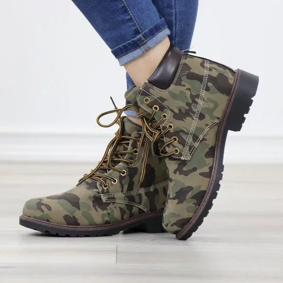 Women's Camouflage Combat Lace-up Ankle Boots Low Heel Casual Short Booties - Picture 9 of 15